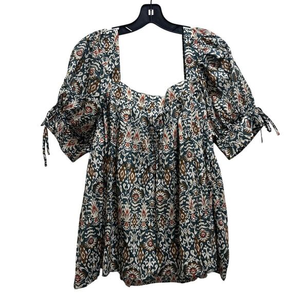 DR2 Bohemian Blouse XL Puff Sleeve Square Neck Green Lightweight Indie Cottage - Picture 1 of 8